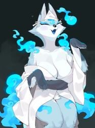 anthro biped blue_body blue_fur blush breasts canid canine cleavage closed_eyes clothed clothing crotch_tuft female fox fur furry happy hi_res kame_3 kemono kimono mammal open_mouth paws simple_background smile solo spirit tuft white_body white_fur youkai yuurei_(kame_3)