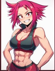 abs ai_generated athletic athletic_female bimbo blush cleavage eijirou_kirishima female_eijirou genderswap_(mtf) gym_clothes gym_clothing gym_uniform hands_on_hips kirishima_eijirou krystalizedart my_hero_academia red_eyes red_hair rule_63 smirk spiky_hair sports_bra toned toned_body toned_female toned_stomach