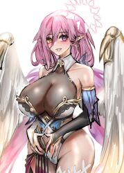 1girls beauty_marks breasts cleavage clothed clothing faelina_meliora female female_only halo happy heterochromia huge_breasts indie_virtual_youtuber light-skinned_female light_skin minsterpduke pink_hair pointy_ears purple_eye skimpy_clothes smile solo virtual_youtuber wings yellow_eye