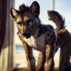 1boy 2023 absurd_res ai_generated anthro ass athletic athletic_male beach black_nose blue_eyes brown_fur cheek_tuft chest_tuft curtains ear_tuft elbow_tufts foxboy_(director) furry glass_door hi_res hyaenid hyena licking licking_lips licking_own_lips looking_at_viewer male male_only mammal multicolored_body multicolored_fur multicolored_hair naked naked_male nipples nude nude_male on_all_fours on_bed on_knees sand sea seaside seductive seductive_look seductive_smile solo solo_male spotted_body spotted_fur spotted_hyena stable_diffusion tagme tail tan_fur tongue tongue_out twink