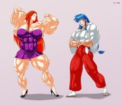 2girls abs alternate_version_available biceps big_ass big_breasts big_butt blue_eyes blue_hair bodybuilder female_bodybuilder flexing flexing_bicep full_body fully_clothed ghost ghost_girl ghost_sweeper_mikami green_eyes hkami kinu_himuro multiple_girls muscle muscles muscular muscular_arms muscular_female muscular_thighs plain_background pose posing posing_for_the_viewer red_hair reiko_mikami tagme