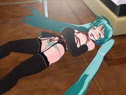 1girls 3d 3d_custom_girl ahe_gao blush bondage breasts female green_eyes hatsune_miku headset long_hair nipples open_mouth panties peeing peeing_self rope solo urine vocaloid watersports