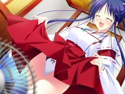 1girls amato_saori blue_hair choco_chip eyes game_cg hakama hakama_skirt miko orange panties sara_sara_sasara skirt_lift tagme underwear