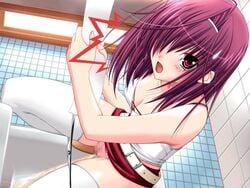 1girls amemiya_amane atelier_kaguya bathroom censored choco_chip cleavage covered_nipples female female_only game_cg hair_over_one_eye kateikyoushi_no_onee-san looking_at_viewer open_mouth panties panties_down peeing pink_hair red_eyes red_skirt short_hair solo squat_toilet squatting surprised sweatdrop thighhighs toilet toilet_paper toilet_use underwear urine white_panties white_thighhighs