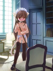 animal_ears animal_tail blush broom brown_hair character_request cleaning clit_ring clit_torture clitoris_leash clitoris_piercing clitoris_string collar femsub functionally_nude garter_belt long_hair maid nipple_piercing nipple_rings piercing shoes slave standing thighhighs wakusoku