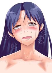 ahegao black_hair blush brown_eyes collarbone dam-p fucked_silly idolmaster idolmaster_(classic) kisaragi_chihaya long_hair nude portrait purple_hair rolling_eyes sweat tears torogao