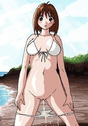 1girls beach bikini brown_hair bulging_bladder mizugi peeing solo swimsuit uncensored urine watersports