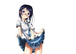 1girls black_hair blue_eyes blue_hair blush breasts female glasses idolmaster idolmaster_dearly_stars jpeg_artifacts mizutani_eri navel necktie no_bra panties red-framed_glasses rough_time_school school_uniform simple_background skirt skirt_lift solo underwear