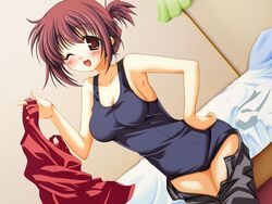 ;d black_pants blush breasts brown_hair hand_on_hip imouto_ni!_sukumizu_kisetara_nugasanai! mizugi open_mouth red_shirt short_hair single smile sukumizu suzuhara_keiko swimsuit tagme undressing