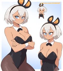 arms_behind_back bea_(pokemon) bunny_ears bunny_girl bunnysuit crossed_arms dark-skinned_female dark_skin dashi_art large_breasts pokemon short_hair white_hair