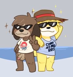 animal_crossing anthro bottomless bottomless_female bottomless_male brother_(lore) brother_and_sister_(lore) brown_body brown_fur canid canine canis casual clothed crushpepper digby_(animal_crossing) domestic_dog duo eyewear female flaccid fur genitals headwear hi_res isabelle_(animal_crossing) male male_focus mammal penis public shih_tzu sibling_(lore) sister_(lore) suggestive_shirt suggestive_topwear sunglasses tagme toy_dog twins_(lore) v yellow_body yellow_fur