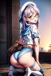 ai_generated ass bare_shoulders blush breasts brown_eyes female from_behind glasses goddess_of_victory:_nikke hat huge_ass kneeling long_hair looking_at_viewer medium_breasts neon_(nikke) open_mouth panties sailor_collar sailor_shirt sailor_uniform satsuki_von shiny shiny_clothes shiny_hair shiny_skin sideboob silver_hair smile solo thick_thighs thighhighs