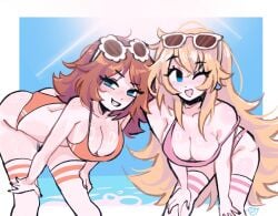 2girls beach bent_over blonde_hair blue_eyes breasts brown_hair cleavage female female_only freckles hanging_breasts leaning_forward light-skinned_female long_hair mario_(series) megrocks multiple_girls nintendo one_eye_closed outdoors princess_daisy princess_peach short_hair standing strap_slip summer sunglasses_on_head tagme thighhighs very_long_hair white_hair