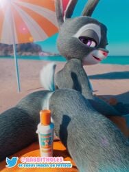 3d anthro ass beach bedroom_eyes breasts clothing digital_media_(artwork) disney female flat_chested fur genitals half-closed_eyes hi_res judy_hopps lagomorph leporid looking_at_viewer lying mammal narrowed_eyes nipples nude on_front open_mouth purple_eyes pussy rabbit rabbitholes raised_tail seaside seductive size_difference slim small_breasts smaller_female smile solo spread_butt spreading swimwear tail thick_thighs zootopia