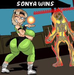 blonde_hair fire furu_flami huge_ass huge_breasts mortal_kombat skeleton sonya_blade thick_thighs wink