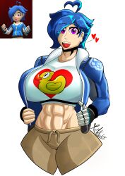 1female 1girls 2023 abs big_breasts blue_hair breasts clothed digital_media_(artwork) duck female female female_only heart huge_breasts jacket large_breasts meta_runner mrmelted muscular muscular_female no_background open_mouth pink_eyes robot_arm short_hair smg4 smile tari_(smg4)