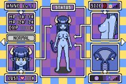 anne_(arcnod) arcnod blue_body blue_hair blue_skin breasts cross_section demon digital_media_(artwork) female game_screen gameplay_mechanics hair horn humanoid looking_at_viewer nude ovum pixel_(artwork) solo spade_tail standing tail uterus