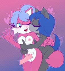 1futa 1girls alonwoof animal_genitalia animal_penis anthro balls blue_hair breasts canid canine canis closed_eyes digital_media_(artwork) duo embrace erection fan_character female female/female fluffy fluffy_tail fur futanari genitals grey_body grey_fur gynomorph hair half-closed_eyes hug hugging_from_behind intersex kate_the_wolf kissing_cheek mammal mobian mobian_(species) mobian_wolf narrowed_eyes nipples nude oc one_eye_closed original_character penis pink_body pink_fur ponytail pussy sega simple_background slightly_chubby smile socks_the_wolf sonic_(series) sonic_oc sonic_the_hedgehog_(series) tail thanu wolf