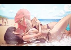 2girls arched_back artist_name background background_characters bangdacy bangs beach bikini black_hair blush cloud embrace female female/female female_only hand_on_shoulder heart imminent_kiss jakuzure_nonon kill_la_kill kiryuuin_satsuki long_hair looking_at_another looking_at_partner loving_gaze lying lying_on_back lying_on_person multiple_girls nature nature_background ocean outdoors outside pink_hair romantic romantic_couple sand sea seaside shadow sky sun_rays sunlight sweat sweatdrop swimsuit thong water water_drop waves wet yuri