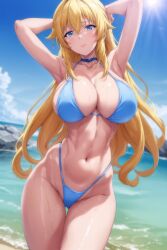 1girls ai_generated armpits arms_behind_head beach big_breasts bikini blonde_hair blue_bikini blue_eyes breasts busty child_bearing_hips female female_only hip_dips large_breasts legs long_hair masou_gakuen_hxh navel ocean parted_lips pink_lipstick pose posing solo stable_diffusion sweat swimsuit thick_thighs thighs voluptuous water yurishia_farandole