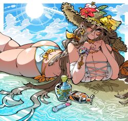 big_ass big_breasts big_butt bikini bottle cleavage huge_ass huge_breasts huge_butt kafun laying_on_stomach long_hair looking_at_viewer mature_female milf ocean oil oiled_ass oiled_skin original sun_hat swimsuit wink winking_at_viewer