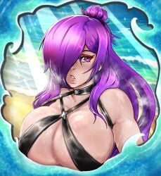 1girls alternate_costume beach bikini breasts choker cleavage covered_nipples female female_only fire_emblem fire_emblem:_three_houses fire_emblem_warriors:_three_hopes hair_over_one_eye huge_breasts long_hair nintendo purple_eyes purple_hair relius_(reliusmax) reliusmax shez_(female)_(fire_emblem) shez_(fire_emblem) solo swimsuit upper_body waves wet