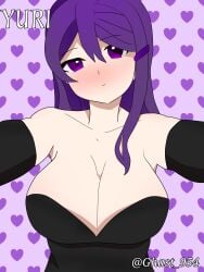 1girls artist_name big_breasts black_dress breasts cleavage collarbone doki_doki_literature_club dress female female_focus female_only ghast_954_(artist) girl girl_only heart hearts human human_female human_focus long_hair purple_background purple_eyes purple_hair solo solo_female solo_focus solo_human twitter_username yuri_(doki_doki_literature_club)