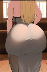 1girls ai_generated ass ass_focus blonde_hair camera dress female female_only large_ass solo unknown_character