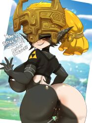 1girls alternate_breast_size ashraely ass blonde_hair breasts dat_ass english_text female female_only huge_ass huge_breasts imp_midna long_ears mask midna monster_girl nintendo nude nude_female pointy_ears shortstack solo text the_legend_of_zelda thick_thighs twilight_princess two_tone_body