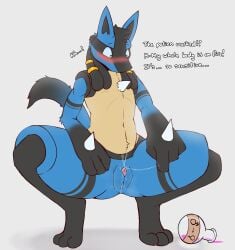 1boy absurd_res andromorph anthro blue_body blue_fur blush bodily_fluids chest_spike clitoris crouching cuntboy cuntboy_focus cuntboy_only cuntboy_transformation dialogue fur gender_transformation generation_4_pokemon genital_fluids genitals hi_res intersex lucario male male_focus male_only male_to_cuntboy mti_transformation nintendo nsfw_def nude penis_to_vagina_tf pokemon pokemon_(species) potion_bottle pussy pussy_juice pussy_juice_string solo solo_focus spikes spikes_(anatomy) transformation