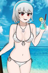 1girls beach bikini breasts daikiri_di_mon drink fortnite fortnite:_battle_royale headband lexa_(fortnite) looking_at_viewer necklace red_eyes smiling white_bikini white_hair