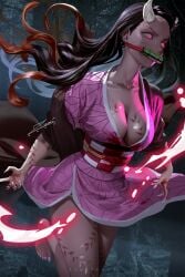 big_breasts cleavage demon_slayer horns humanoid kamado_nezuko kimetsu_no_yaiba kimono mouth_closed nezuko_(demon_form) tagme tattoo zumi