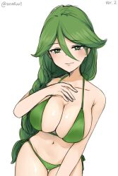 1girls anafuu big_breasts bikini blush bra braided_hair breasts cheryl_(pokemon) female female_only green_eyes green_hair heart-shaped_pupils human long_hair navel nintendo nipples panties pokemon solo solo_female