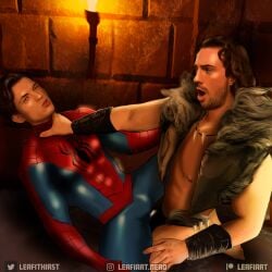 2boys aaron_taylor-johnson actor biceps bulge celebrity choking human human_only kraven_the_hunter leafithirst light-skinned_male light_skin male male_only marvel marvel_cinematic_universe marvel_comics muscular muscular_male open_shirt pecs peter_parker smooth_chest smooth_skin spider-man spider-man_(series) spider-man_(tom_holland) spread_legs tom_holland yaoi