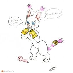 anthro bandai_namco cute_expression cute_eyes digimon digimon_(species) dildo felid feline female gatomon genitals hi_res mammal patreon patreon_logo patreon_username pussy sex_toy shy smile solo speech_bubble tailmon text url yordraw