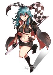 1girls abs alternate_costume bare_midriff black_cape black_footwear black_gloves black_skirt blue_eyes blue_hair boots byleth_(fire_emblem) byleth_(fire_emblem)_(female) cape checkered_flag crop_top female female_only fire_emblem fire_emblem:_three_houses flag gloves gzei hand_on_own_hip high_heel_boots high_heels highres long_hair looking_at_viewer midriff miniskirt navel nintendo parted_lips race_queen simple_background skirt smile solo stomach teal_hair thighs white_background