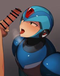 2boys android armor artist_name bar_censor blue_headwear blush body_armor breath censored clothed_male_nude_male commentary_request cross-eyed erection green_eyes helmet highres imminent_fellatio kuru_(tpvz2437) looking_at_penis male_focus mega_man mega_man_x multiple_boys nude open_mouth penis shoulder_armor signature simple_background solo_focus sweatdrop testicles tongue tongue_out trembling twitching_penis veins veiny_penis x_(mega_man) yaoi