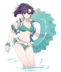 1girls alternate_costume bare_thighs bikini blush bracelet breasts collarbone commentary cropped_jacket female female_only fir_(fire_emblem) fire_emblem fire_emblem:_the_binding_blade green_bikini green_swimsuit hair_ribbon highres holding holding_innertube innertube jacket jewelry looking_at_viewer mogana_zo navel nintendo open_clothes open_jacket ponytail purple_eyes purple_hair ribbon solo swimsuit symbol-only_commentary thighs white_background