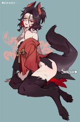 alternate_species animal_ears anthro bandages black_fur black_hair dark_hair eye_patch facial_scar female female_only fromsoftware full_body fur genderswap_(mtf) japanese_clothes kemonomimi looking_at_viewer medium_hair off_shoulder pale-skinned_female pale_skin paws red_eyes rule_63 scarf scars sekiro sekiro:_shadows_die_twice shura sideboob sinzui sitting solo tail tied_hair two_tone_hair wolf_ears wolf_girl wolf_humanoid wolf_tail