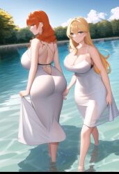 ai_generated big_ass big_breasts blonde_hair dress enemies red_hair walking_on_water