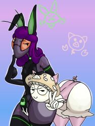 2boys 2femboys artist_request big_ass big_glasses big_penis bunny_ears bunnysuit champi_(oc) clothing costume doctorecrz femboy grabbing grabbing_from_behind grabbing_penis imminent_sex mushroom mushroom_humanoid pig_ears purple_body size_difference twintails white_body