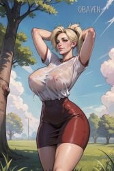 1girls ai_generated angela_ziegler blonde blonde_female blonde_hair blue_eyes breasts_visible_through_clothing busty curvy curvy_female curvy_figure erect_nipples hourglass_figure huge_breasts long_hair long_legs massive_breasts mercy nipple_bulge no_bra_under_clothes obayen outdoors overwatch pink_nipples ponytail seductive_look stable_diffusion summer tight_skirt top_heavy wet_shirt