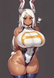 1girls abs ai_generated amiral_ai breasts brown_skin dark-skinned_female dark_skin female hips huge_breasts latex leotard long_hair miruko my_hero_academia naughty_face oatmealdood rabbit_ears red_eyes rumi_usagiyama simple_background slightly_muscular spandex stable_diffusion thick_thighs thighs usagiyama_rumi voluptuous wide_hips