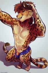 acinonyx_jubatus anthro brown_hair bulge cheetah claws clothing felid feline fur furlana genitals hair hand_behind_head hi_res male male_only mammal mostly_nude penis penis_base solo solo_male speedo spots spotted_body spotted_fur swimwear yellow_body yellow_fur