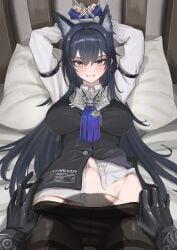 1girls 2023 2girls angry angry_face animal_ears arknights bed before_sex belly black_hair blush bondage breasts gloves hi_res kemonomimi lappland_(arknights) light-skinned_female light_skin long_hair long_sleeves looking_at_viewer lying mildt multiple_girls pillow stockings taking_clothes_off teeth texas_(arknights) texas_the_omertosa_(arknights) tied_up undressing wolf_ears wolf_girl