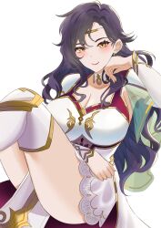 1girls absurdres alternate_costume arm_under_breasts armor bare_thighs black_hair blush boots breastplate breasts cape circlet cleavage commission cosplay detached_collar dress earrings elbow_gloves female female_only fingernails fire_emblem fire_emblem:_the_blazing_blade fire_emblem:_the_sacred_stones genm7 gloves hair_lift highres jewelry knee_up l'arachel_(fire_emblem) l'arachel_(fire_emblem)_(cosplay) large_breasts lipstick long_hair looking_at_viewer makeup mature_female nintendo non-web_source pauldrons pelvic_curtain short_dress shoulder_armor sitting smile solo sonia_(fire_emblem) thigh_boots thighs transparent_background white_dress yellow_eyes