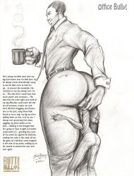 2boys belt big_ass big_butt big_dom_small_sub buttbully coffee coffee_mug domination dress_pants gay macro macro_male male/male male_only office shoving_face_in_ass size_differnce slacks smothering smothering_ass story stuffing_face_in_ass tight_pants