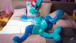 absurd_res aldrasyl anthro ass ball beach_ball blue_body chastity_device collar dragon hi_res inflatable krokett lock_symbol male null_bulge pool_toy presenting solo strategically_placed_hole