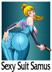 1female 1girls ass ass_focus ass_grab bare_breasts blonde_hair cameltoe falcon-creative female female_focus female_only gun metroid nintendo samus_aran solo solo_female visible_pussy zero_suit_samus