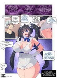 absurd_res ass bell_cranel big_breasts black_hair blue_eyes breasts cleavage clothed clothing comic dress dungeon_ni_deai_wo_motomeru_no_wa_machigatteiru_darou_ka duo english_text exclamation_point fake_face female genitals gloves hair handwear hestia_(danmachi) hi_res huge_breasts human looking_at_viewer male mammal nipple_outline open_mouth purple_eyes pussy pussy_floss question_mark scat shirt speech_bubble text thick_thighs topwear twintails unclean white_body white_hair white_skin